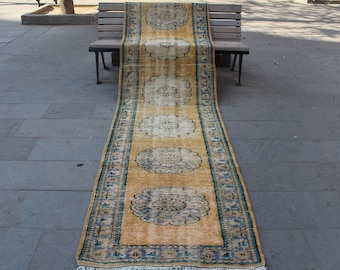 Runner Rug, Oushak Runner, Yellow runner rug,  low pile Oushak Runner Rug, Anatolian  Runner, Wool Runner, Faded Runner, 324x88cm,10.6x2.8ft