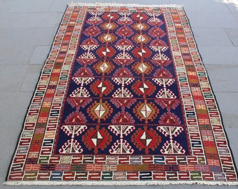 Vintage wollen soumak, Nomad kilim, Kilim tapijt, Area rug kilim, Borduurwerk kilim, Tribal kilim, Kilim sumak, Boho kelim tapijt, 192x127 cm 6x4.ft