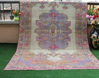 Türkischer Teppich, Vintage Teppich, Tribal Teppich, Oushak Teppich, Kelim Teppich, Boho Teppich, Teppich, Wohnzimmer Teppich, Unikat Teppich, 196x136cm 6x4ft