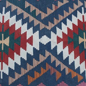 Puede incluir: Primer plano de una alfombra tejida colorida con un patr&oacute;n geom&eacute;trico en tonos de rojo, blanco, azul, verde y marr&oacute;n.