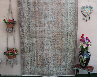 Alfombra turca Distressed Oushak , Alfombra Oushak descolorida turca vintage decorativa , Alfombra Oushak de lana boho, 240x142cm, 7.8x4.6ft