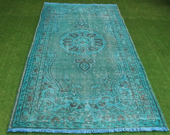Tappeto Turchese Blu Overdyed, Vintage Overdyed Area Rug, Oushak blu Distressed Rug, Homedecor blu overdyed tappeto 202x114,cm6.6x3.7ft