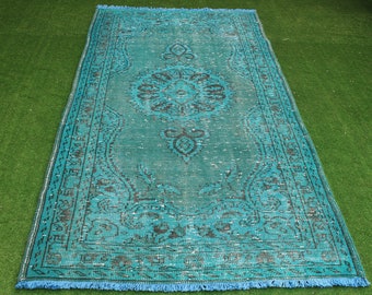 Turkish Turquoise Blue Overdyed Rug, Vintage Overdyed Area Rug, Oushak blue  Distressed Rug, Homedecor blue overdyed rug 202x114,cm6.6x3.7ft