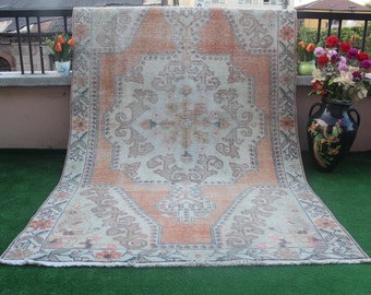 Turkish Rug, Oushak rug, Pastel Rug, Vintage Rug, Distressed Rug, Faded rug, Livingroom rug, Area  Rug, Kilim Rug, Rugs, 227x134cm7.4x4.5ft