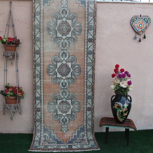 Oushak Teppich Läufer, Türkischer Teppich, Handgemachter Läufer, Distressed Runner, Dekorativer Läufer, Flurläufer, Verblasster Läufer, Treppenteppich 275x92cm9x3ft