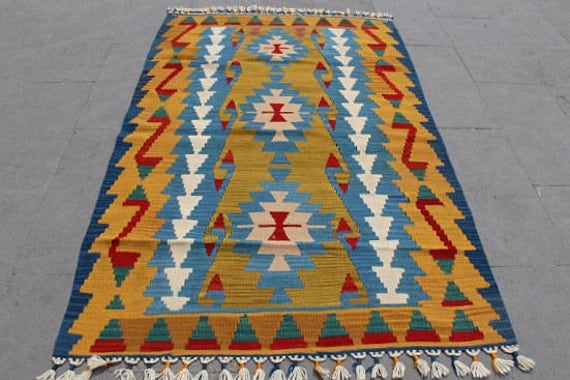 Tapis Kilim Turc, Tapis de Décoration Intérieure, Area, Décoratif, Salon, Sol, Vintage, 172x111C, 5.