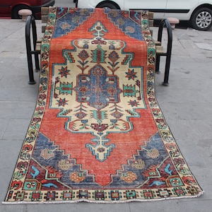 Turkish Rug, Vintage Oushak Rug, Low pile Oushak , Area Rug,  Decorative Rug, Muted Oushak Rug,  Wool Oushak Area Rug,  263x116cm8.6x3.8ft