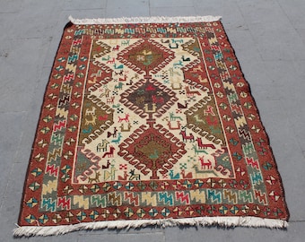 Soumak, Sumak,  Soumak kilim rug, soumak rug, Rooster kilim rug, Bohemian rug, Vintage Soumak, Dining room rug, area rug, 128x100cm, 4.3.3ft