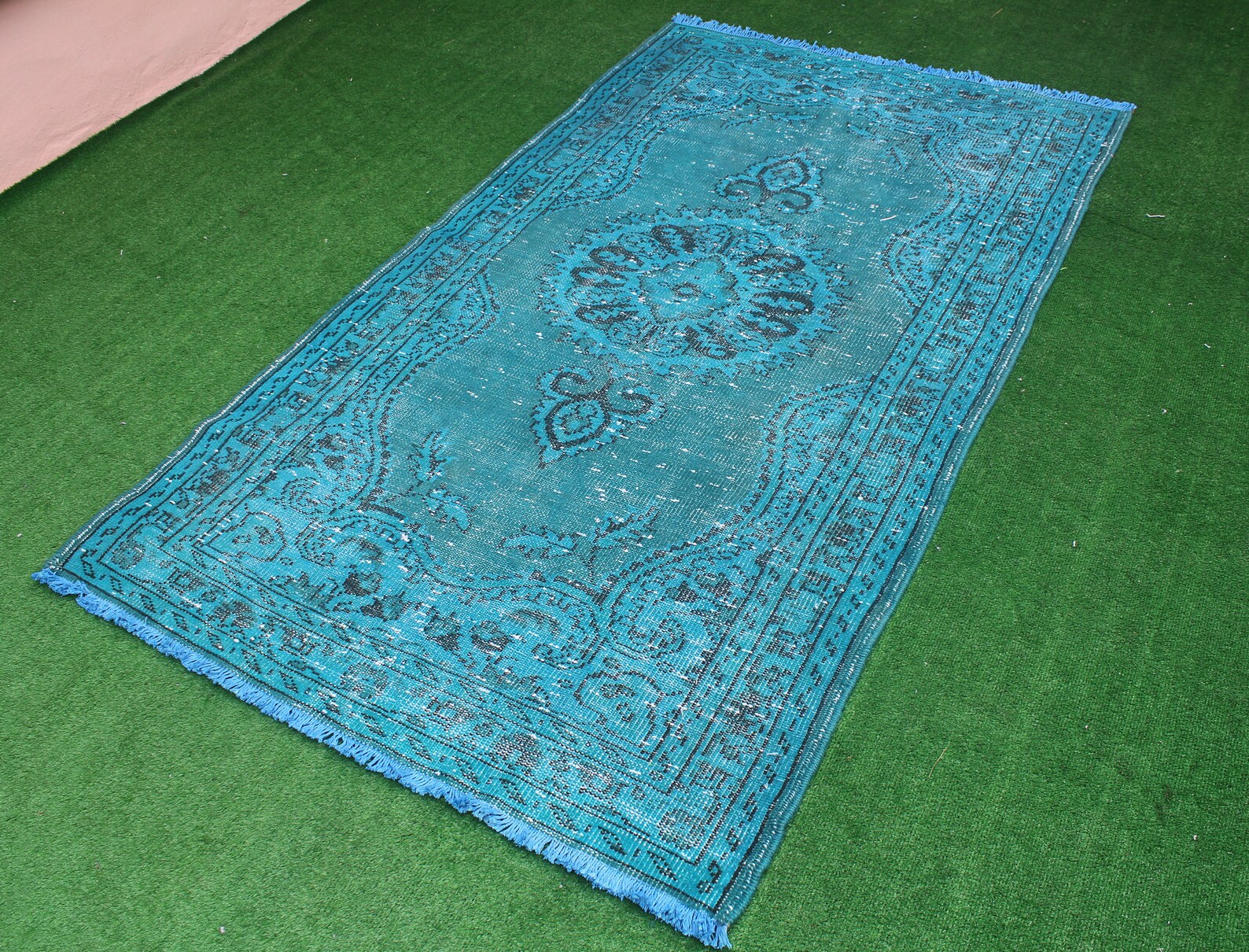 Turkish Turquoise Blue Overdyed Rug, Vintage Overdyed Area Rug, Oushak ...