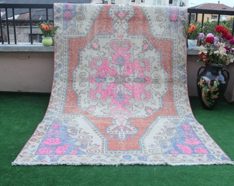 Turkish Rug, Oushak Rug, Vintage Rug,Pink Oushak  Rug, Oriental Rug,  Hand Knotted Rug, Area Rug, Living room rug, Kilim Rug 214x124cm 7x4ft