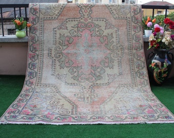 Vintage Teppich, Oushak Teppich, Türkischer Teppich, Wohndeko Teppich, Wohnzimmer Teppich, Boho Teppich, Kelim Teppich, Tribal Teppich, Verblasst Teppich, 220x136cm, 7x4ft