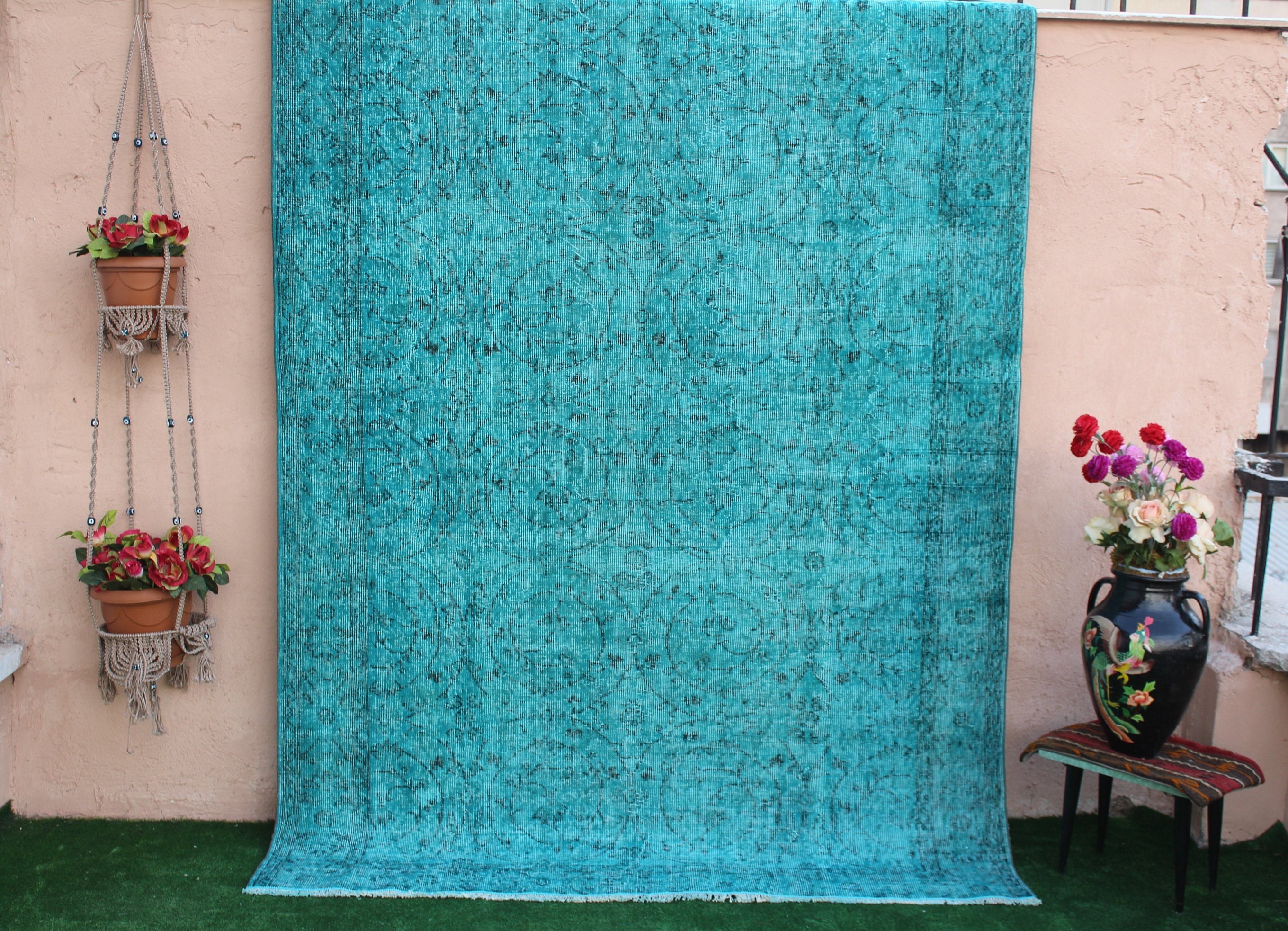 Grand Tapis Turquoise, Grand Turquoise Turc, de Zone, Vintage, Overdyed, Kilim, Oushak, Tapis, 280x1