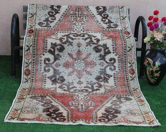 Alfombra turca de Oushak angustiada, alfombra vintage de Oushak, alfombra turca descolorida de Oushak, alfombra de sala de estar, alfombra de lana de boho, alfombra de Oushak de lana del área de Boho, 213x128cm, 7x4.2ft