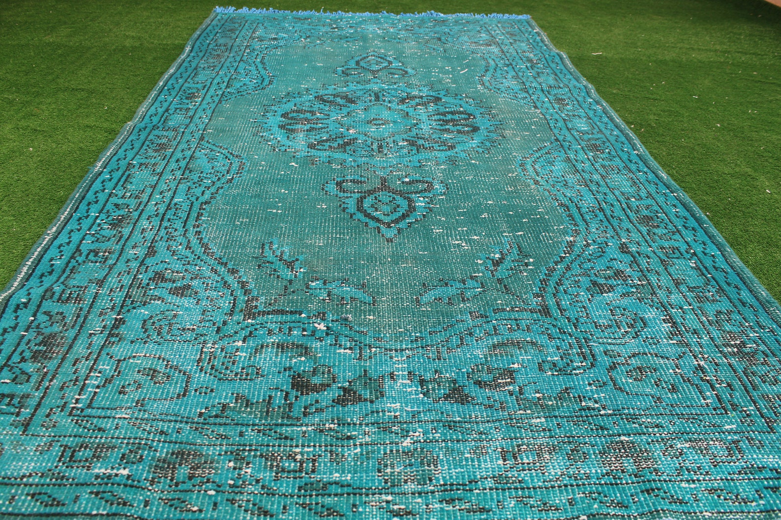 Turkish Turquoise Blue Overdyed Rug, Vintage Overdyed Area Rug, Oushak ...