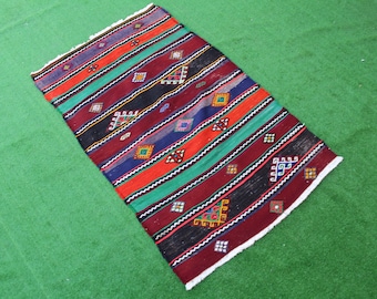 Kilim rug, Turkish vintage rug, Small kilim rug, Home decor rug, Striped rug, tribal  rug, Boho kilim rug, Cecim, tapis, 110x71cm,3.6x2.3ft