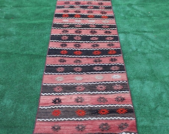 Kilim runner, Turkish kilim rug, 2x8 rug, Vintage rug, Entry rug, kilim rug, Hallway rug, Striped  rug runner, Red rug runner, Stair rug,