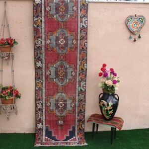 Oushak Runner Rug, Turkish Vintage Runner  Rug, Handmade Runner Rug, Distressed Runner Rug, Oushak Hallway Rug, Stair rug, 285x75cm9.3x2.4ft