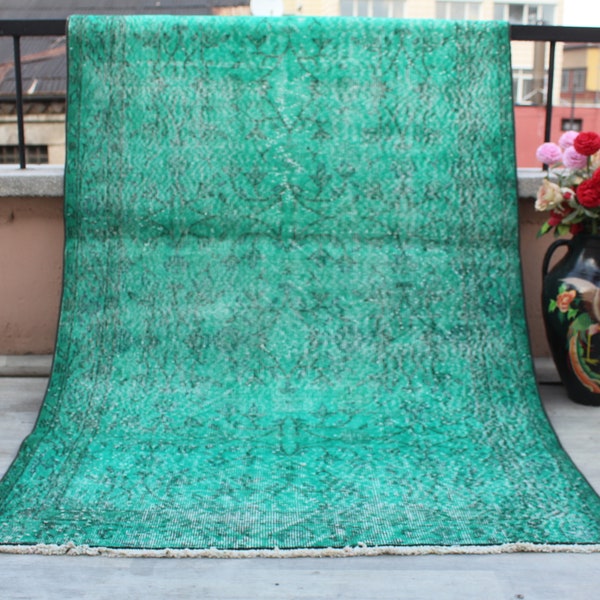 Alfombra turca, alfombra verde, alfombra teñida, alfombra de área, alfombra angustiada, alfombra Kilim, alfombra oriental, alfombra boho, alfombra de salón, alfombra tribal, 205x115cm7x4ft