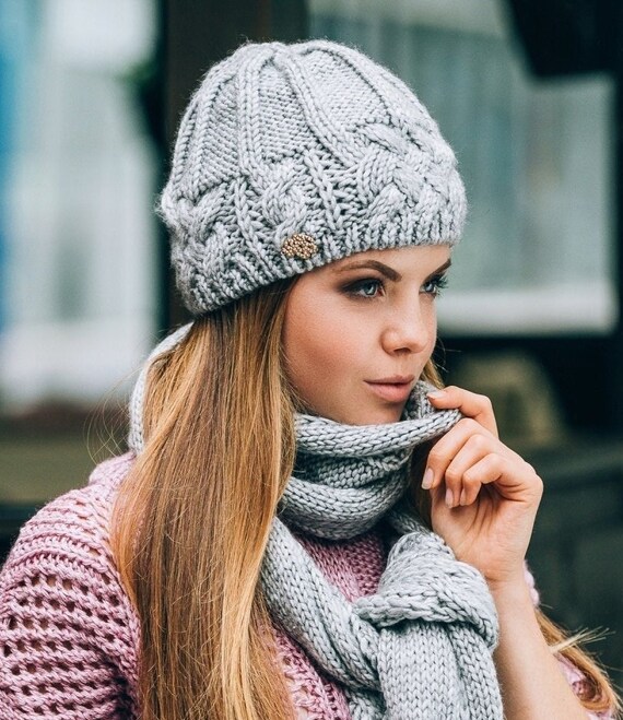 Women Alpaca Wool Knitted Set Gray Navy 