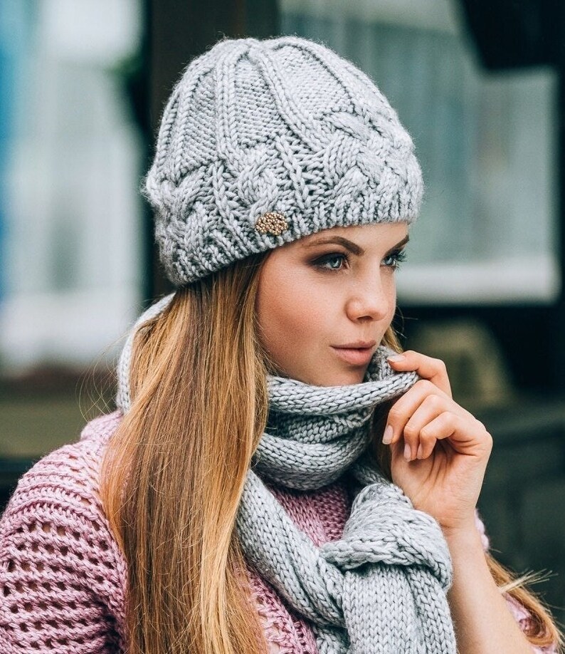 Wool hat and scarf for women Alpaca Wool Knitted set Gray Navy Etsy