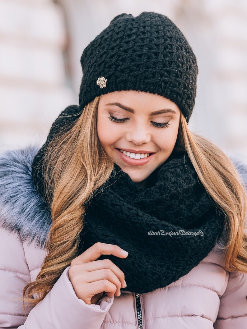 Knitted set of 2 Hat and scarf infinity for women Gray Wool Etsy