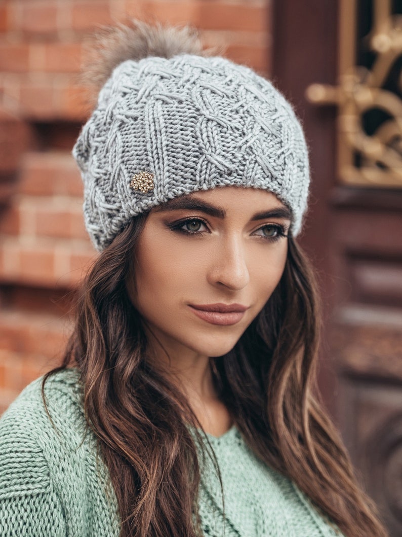 Gray Winter hat pom pom Wool hat for women Warm Knitted winter Etsy