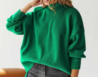 Green Cotton Knit Oversized Sweater – Women's Fall Pullover