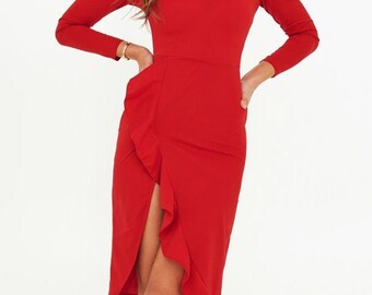 Robe mi-longue rouge élégante pour femme - Parfaite pour les événements des Fêtes - Robe mi-longue printanière à manches longues - Robe de vacances rouge