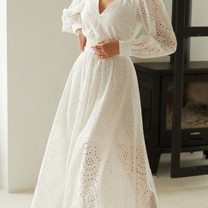 Laconic summer dress long sleeve White cotton dress for women Openwork Party dress White bridesmaids drresses image 1