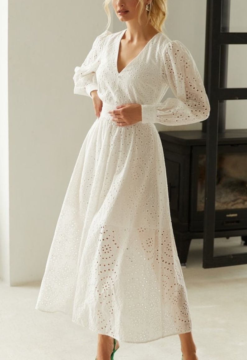 Laconic summer dress long sleeve White cotton dress for women Openwork Party dress White bridesmaids drresses image 1