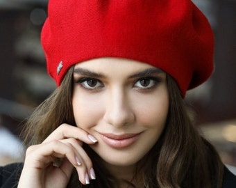 Classic red beret for women Warm beret Knitted Black White Red Winter Pink Hat Gift for her