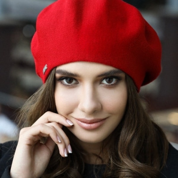 Classic red beret for women Warm beret Knitted Black White Red Winter Pink Hat Gift for her