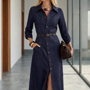 midi denim dresses for older ladies with sleeves Amazon.com: Womens Long Sleeve Midi Demin Dress Casual Loose V Neck Button Down Blue Jean Shirt Dresses Plus Size Fall Vintage Shift Dress Cotton Midi Dress with Pockets : Clothing, Shoes &