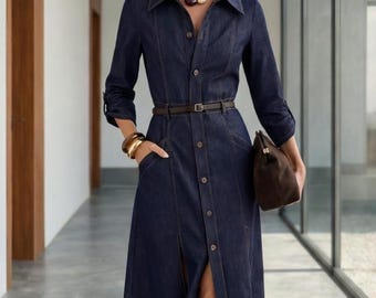 Dark Wash Denim Midi Shirt Dress with Belt and Pockets – Casual Work Attire