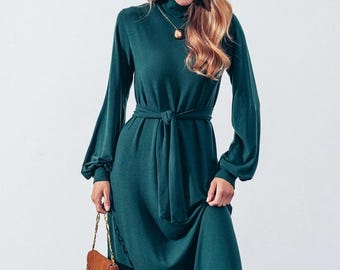 Emerald Green Maxi Dress - High Neck Long Sleeve Gown with Belt