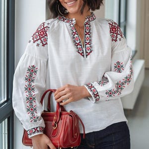 Hand Embroidered Floral Cotton Blouse - Women&#39;s Spring Top
