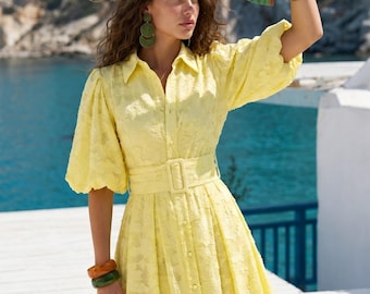 Cotton Yellow Midi Dress - Puff Sleeve Summer Shirt Dress with Belt