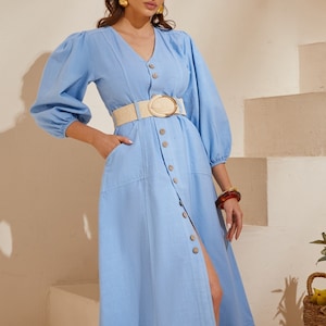 Classic blue Cotton Dress for Women - Perfect for Summer Days and Nights - Beige summer dress