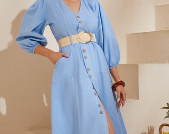 Button Down Summer Dress with Puff Sleeves - Elegant Cottagecore Dress
