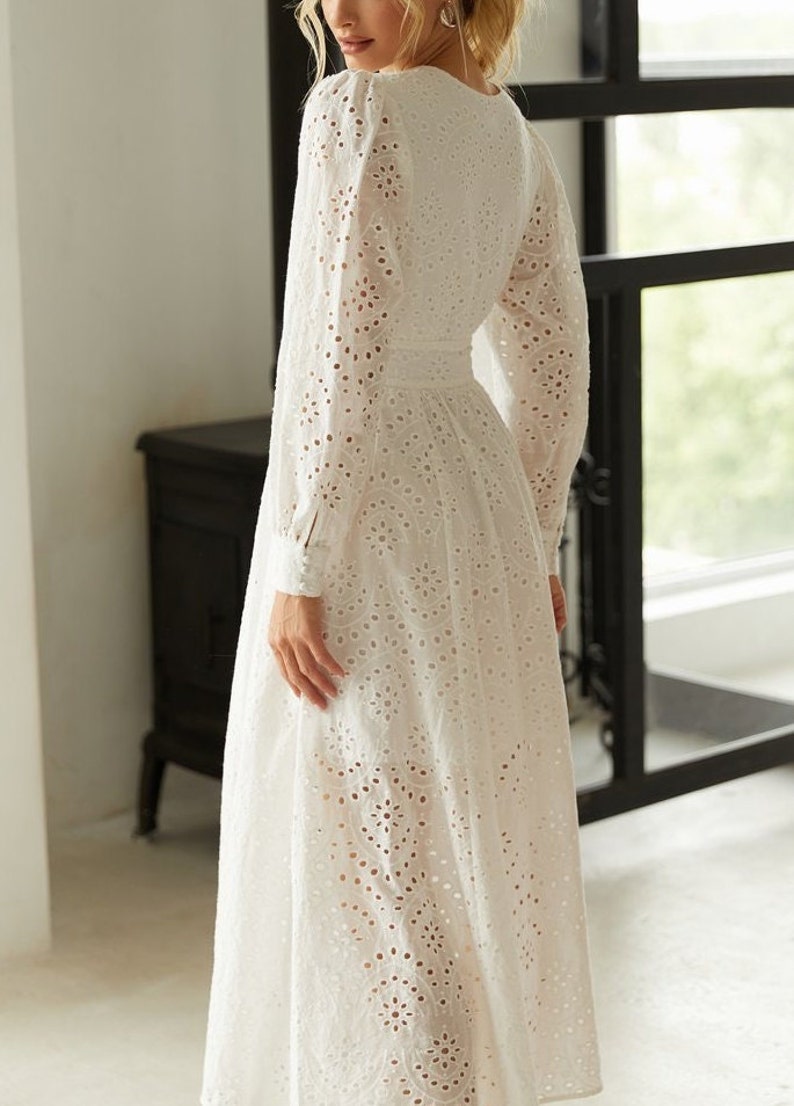 Laconic summer dress long sleeve White cotton dress for women Openwork Party dress White bridesmaids drresses image 4