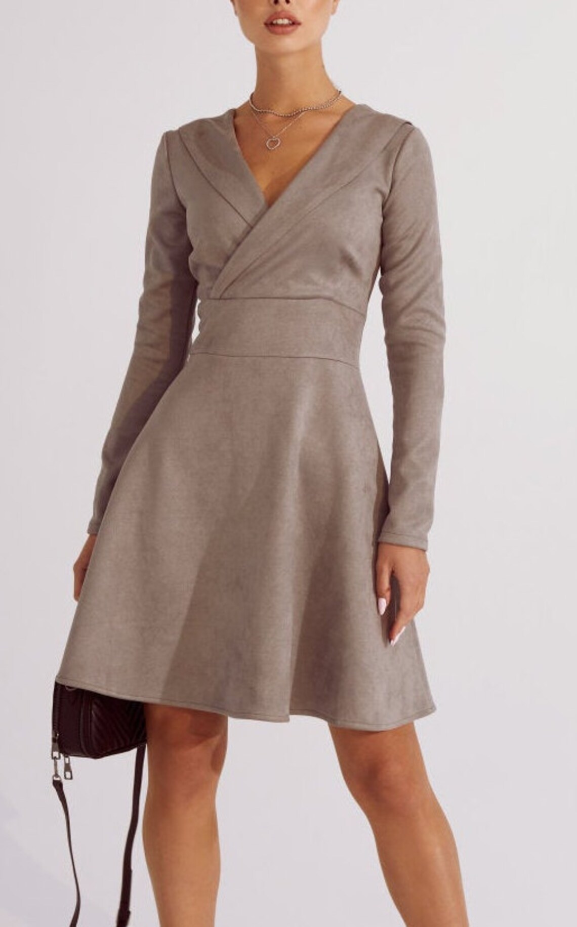 Gray suede mini dress for women Spring dress casual wear
