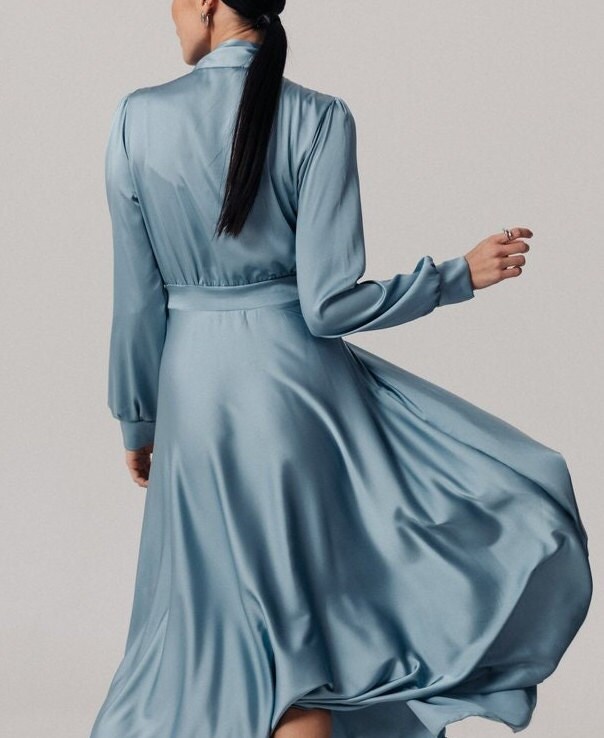 CrystalDisignStudio Silk Spring Dress for Women Long Sky Blue Dress Long Sleeve Maxi Dress for Ladies