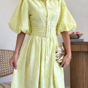 Boho White Cotton Summer Dress with Puffed Sleeves and Embroidery Yellow