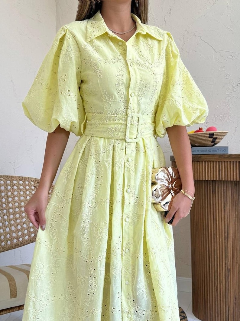 Boho White Cotton Summer Dress with Puffed Sleeves and Embroidery Yellow