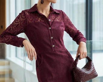 Burgundy Faux Suede Midi Dress Button Up Safari Dress