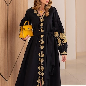 Women&#39;s Black Boho Dress with Long Sleeves and Intricate Embroidery - Cotton Fabric