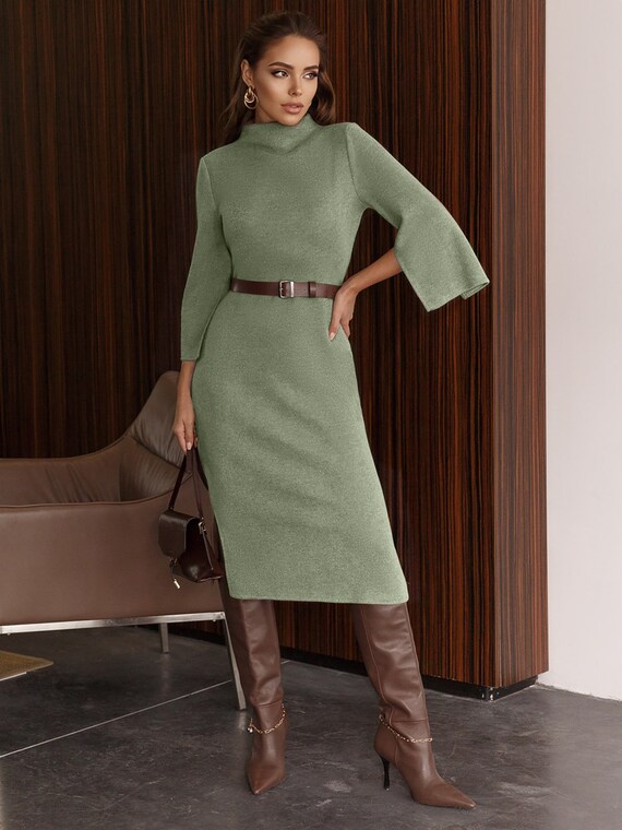 Knitwear Warm Midi Dress for Women - Mocha Winter Long Wool Dress Long Sleeve - Casual Wear Jersey Dress