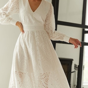 Laconic summer dress long sleeve White cotton dress for women Openwork Party dress White bridesmaids drresses image 2