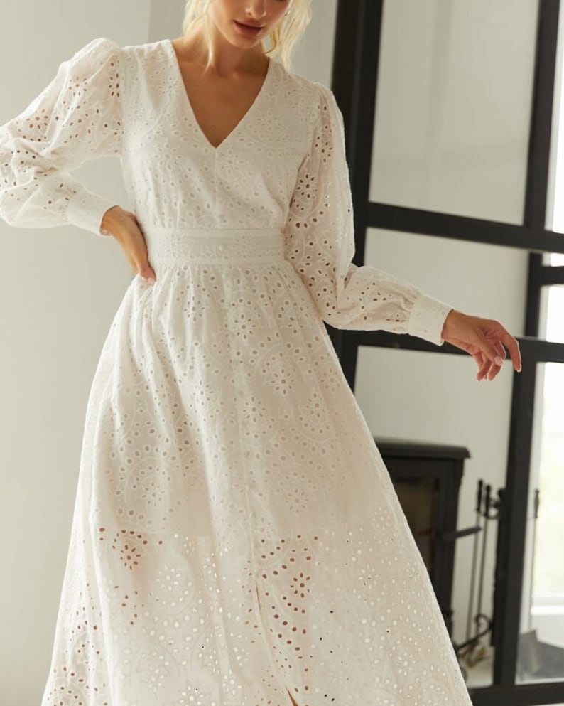 Laconic summer dress long sleeve White cotton dress for women Openwork Party dress White bridesmaids drresses image 2