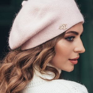 Beige classic beret for women Wool angora warm hat Knitted Black Winter Pink Hat Gift for her Pink